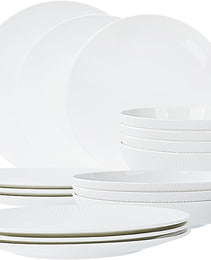 Dandilion Bone China Dinnerware Set, 16 Pieces, Service For 4, Plates, Dishes, Bowls Set, Microwave And Dishwasher Safe, Ivory White With Radial Lines
