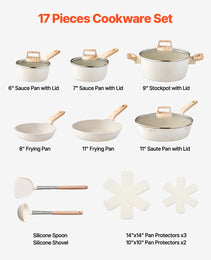17 Piece Pots And Pans Set Granite Nonstick Kitchen Cookware Induction White