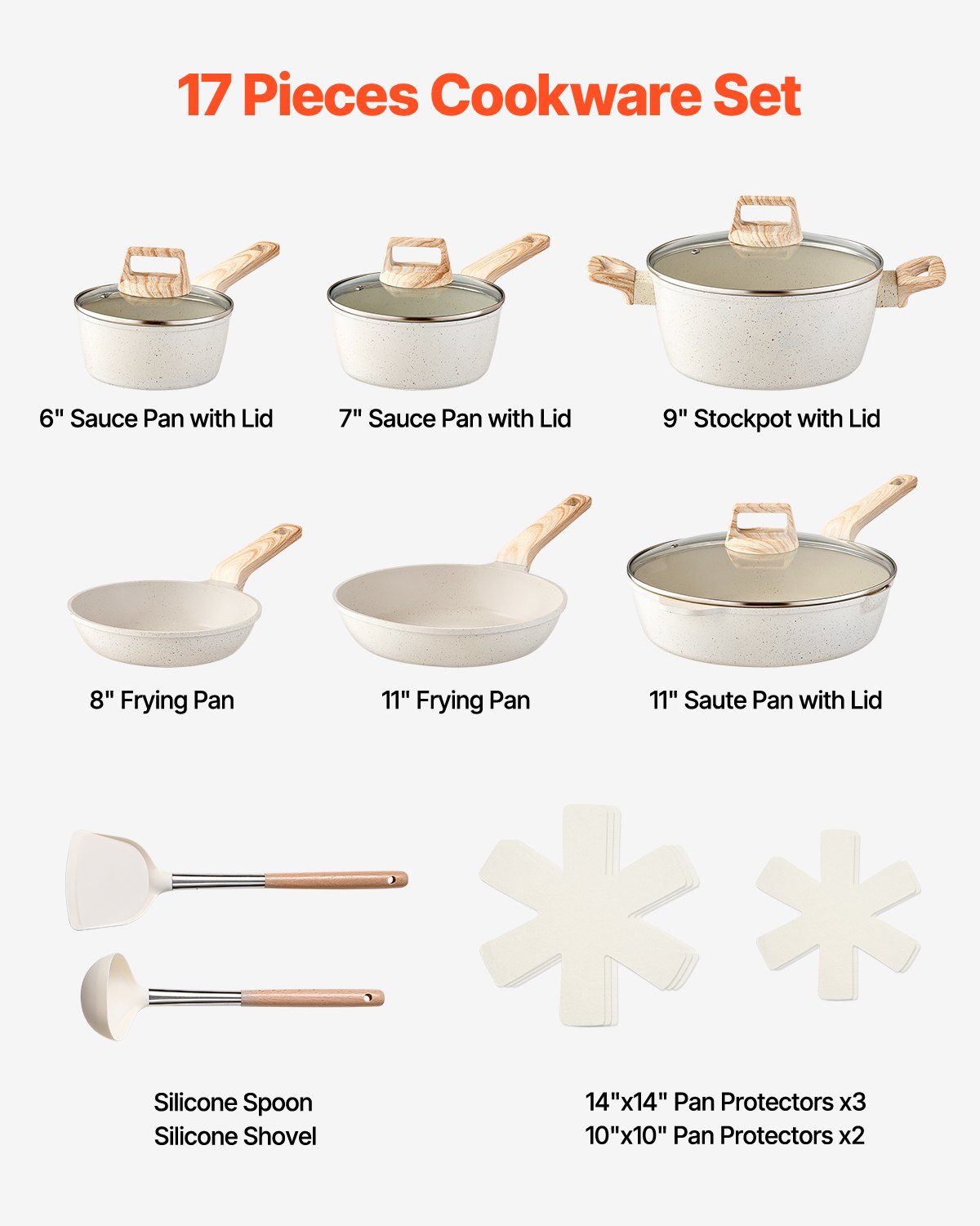 17 Piece Pots And Pans Set Granite Nonstick Kitchen Cookware Induction White