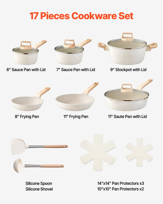 17 Piece Pots And Pans Set Granite Nonstick Kitchen Cookware Induction White