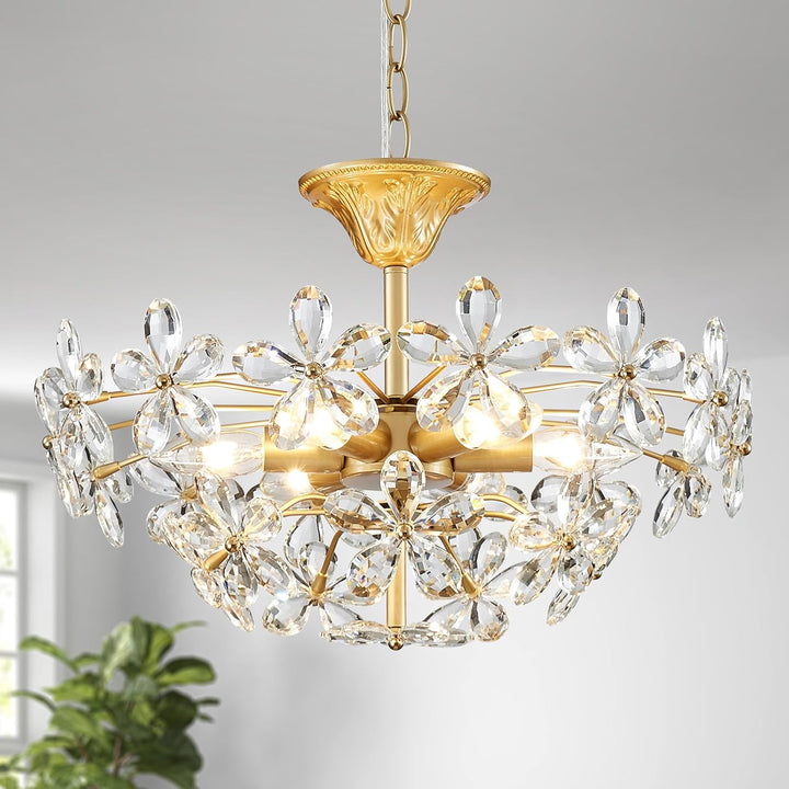 Flower Crystal Chandelier for Dining Room, Living Room, Kitchen, Bedroom, 6-Light Floral Light Fixture, D18*H16~41Inch (Adjustable Height), K9 Crystal & Gold Finish