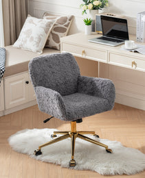 AA Furniture Office Chair,Artificial Rabbit Hair Home Office Chair With Golden Metal Base,Adjustable Desk Chair Swivel Office Chair,Vanity Chair  Gray