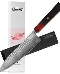 Qulajoy 8 Inch Chef Knife - Japanese Damascus VG-10 Super Steel Hammered Kitchen Knife - African Rosewood Octagonal Handle With Sheath
