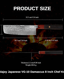 Qulajoy 8 Inch Chef Knife - Japanese Damascus VG-10 Super Steel Hammered Kitchen Knife - African Rosewood Octagonal Handle With Sheath