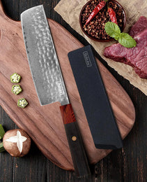 Qulajoy 8 Inch Chef Knife - Japanese Damascus VG-10 Super Steel Hammered Kitchen Knife - African Rosewood Octagonal Handle With Sheath