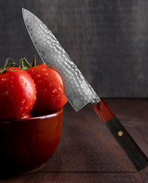 Qulajoy 8 Inch Chef Knife - Japanese Damascus VG-10 Super Steel Hammered Kitchen Knife - African Rosewood Octagonal Handle With Sheath