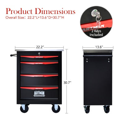 4 Drawers Multifunctional Tool Cart With Wheels,Metal Rolling Tool Cart Storage For Garage Workshop Warehouse Repair Shop--With Stainless Steel Roof- BLACK RED