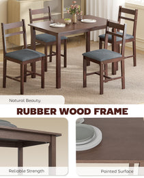 5-Piece Solid Wood Dining Table Set for 4, Farmhouse Kitchen Table with Upholstered Chairs for Dining Room, Walnut