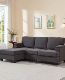 86'' L Shaped Couch With Armrest Organizer,3 Seats Sofas With Movable Ottoman,Comfy Sectional Sofa With Thick Cushion,Linen Sectional Couches For Living Room,Bedroom,Apartment,Dark Gray