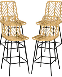 Set of 4 Rattan Barstools Wicker Counter Stools with Steel Legs and Footrest for Dining Room Kitchen Pub Yellow