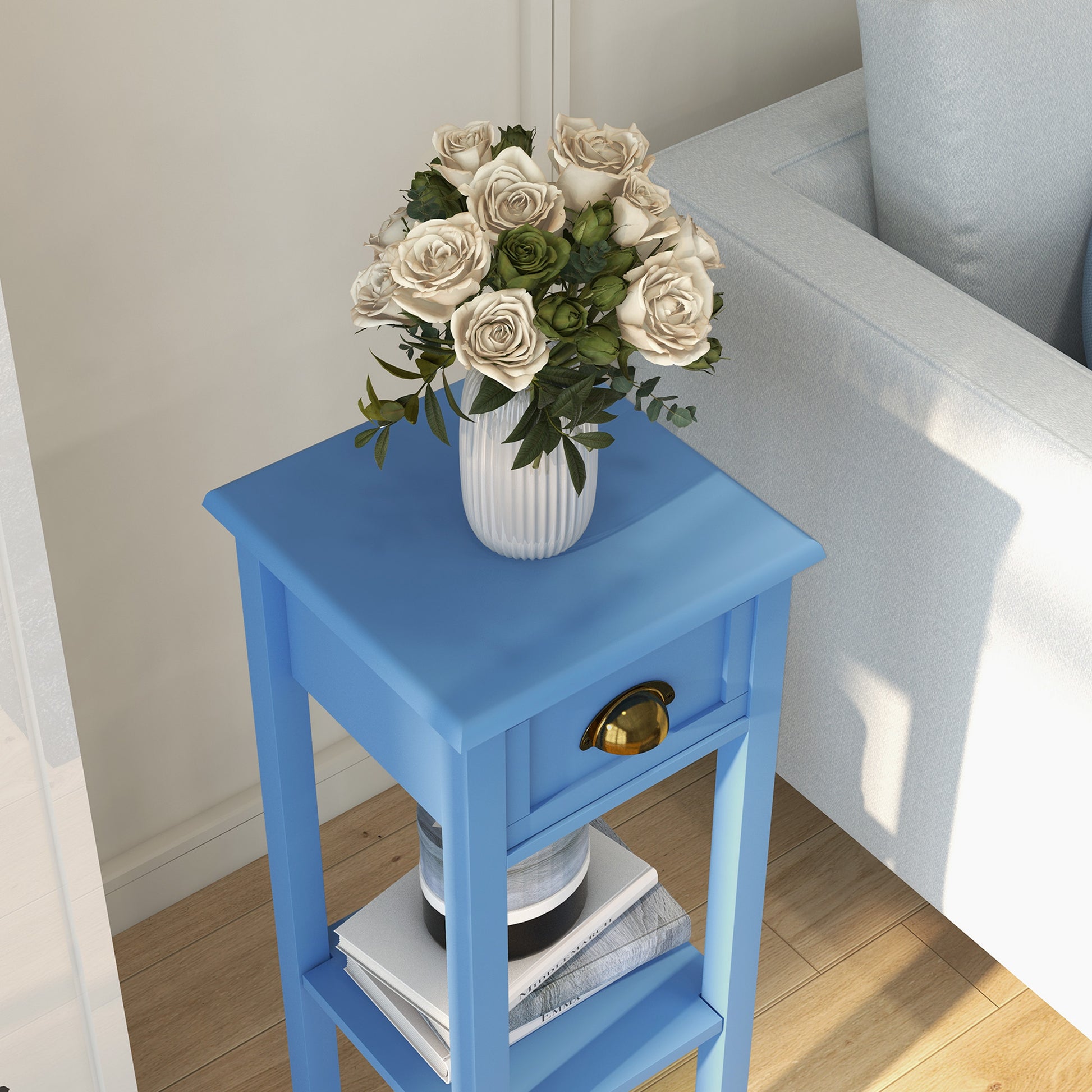 2-Tier Side Table With Drawer And Shelf, End Table ,Light Blue