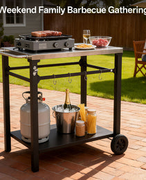 2-Tier Outdoor Grill Cart With Stainless Steel Top, Large Wheels & Tool Hooks, Movable BBQ Prep Table, Rolling Serving Bar Cart For Patio, Backyard, Pizza Oven Stand, Black