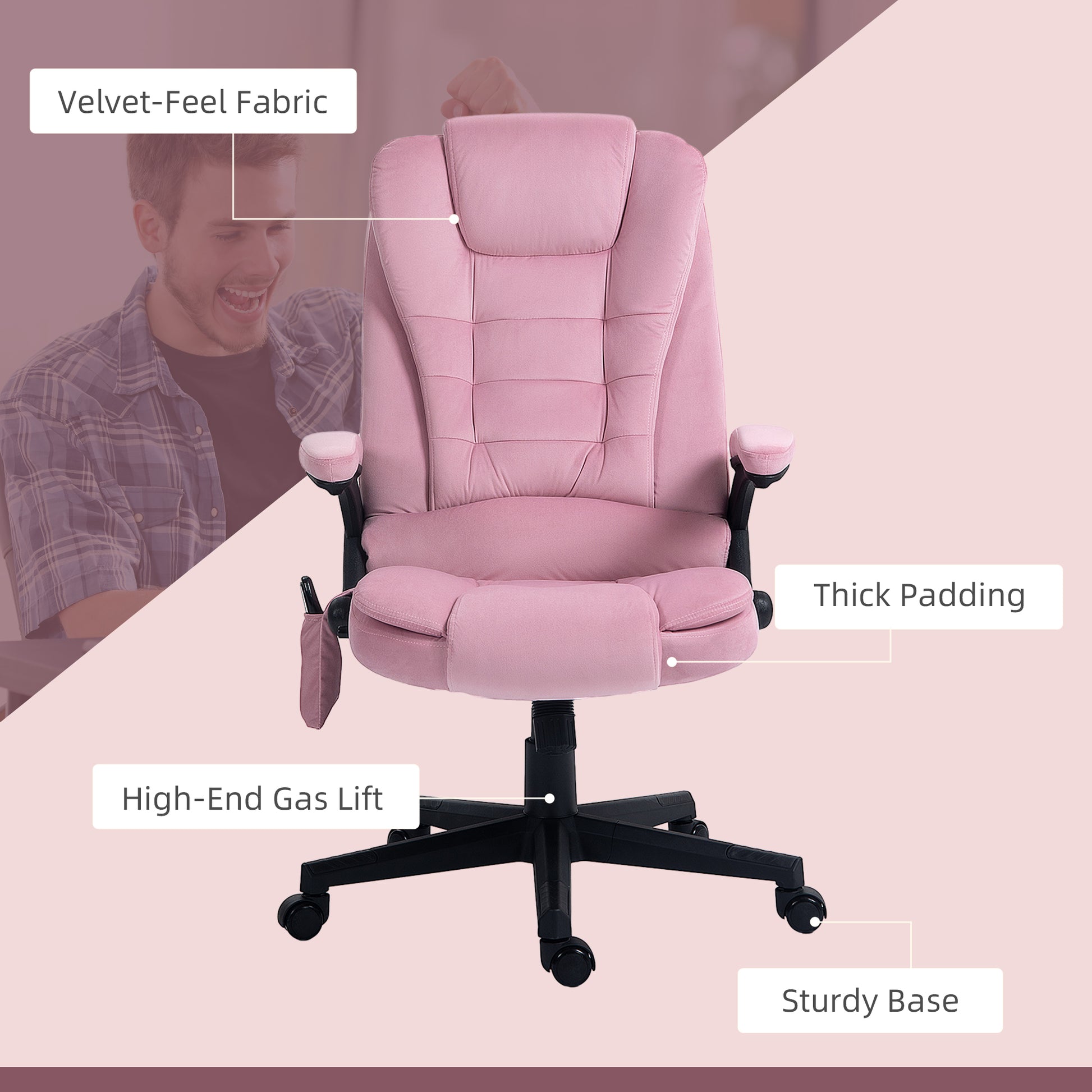6 Point Executive Office Chair with Heat, Velvet High Back Vibrating Massage Office Chair, Pink