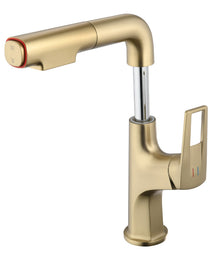 Brushed Gold Pull-Down Vessel Faucet - Single Hole Bathroom Sink Faucet With Lift Spout & Dual Spray Modes