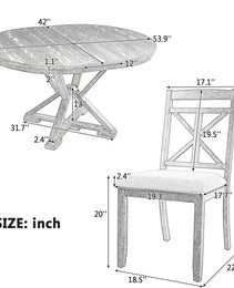 TREXM 5-Piece Retro Functional Dining Table Set Extendable Round Table And 4 Upholstered Chairs For Dining Room And Living Room Grey