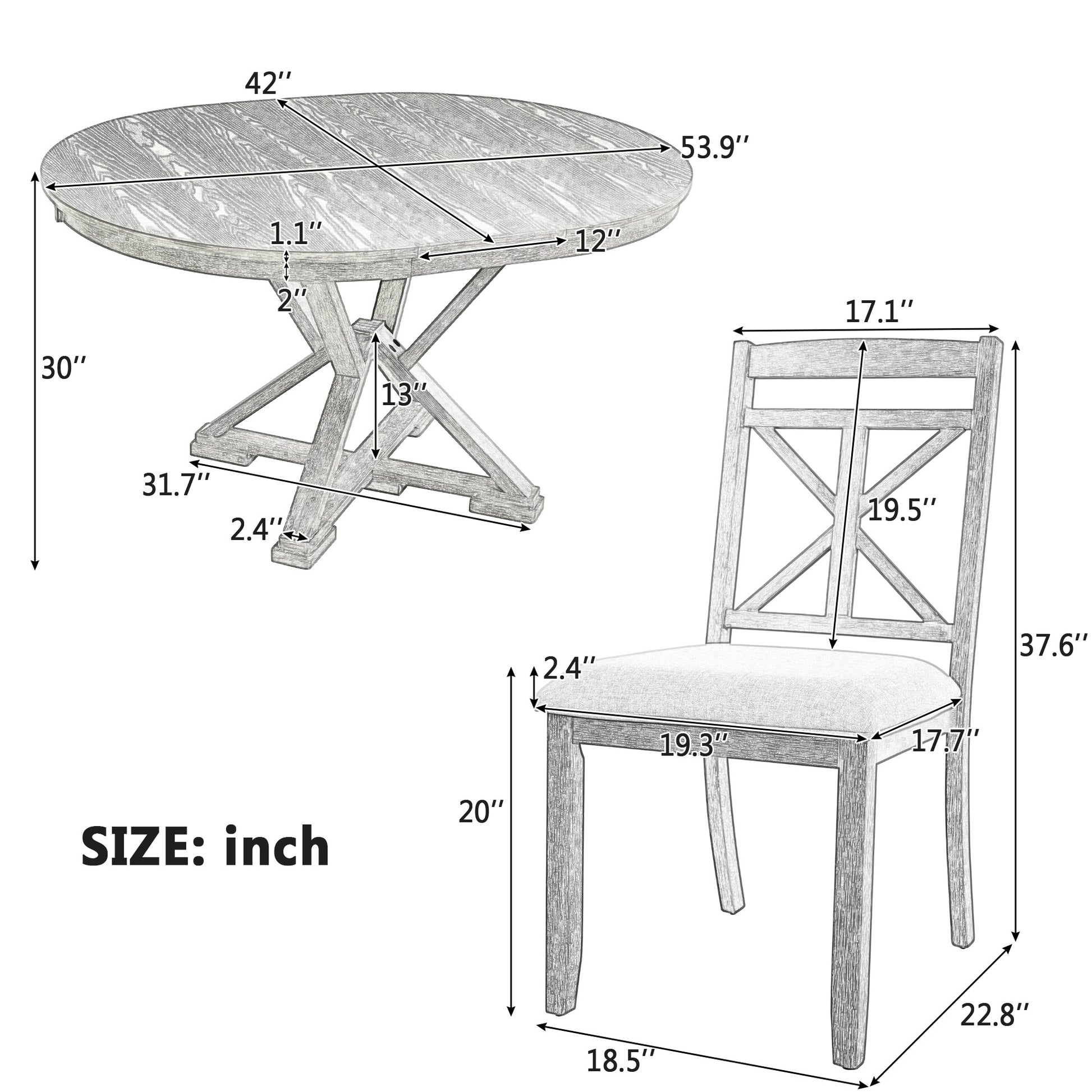 TREXM 5-Piece Retro Functional Dining Table Set Extendable Round Table And 4 Upholstered Chairs For Dining Room And Living Room Grey