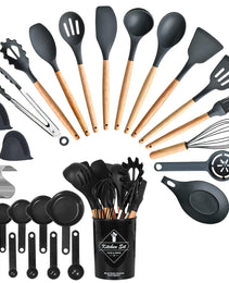 4 Colors Options -- Set Of 35Pcs Kitchen Cooking Utensils Set Spatula Set Baking Utensil Set Kitchen Accessories Necessities With Holder Egg Whisk Separator Tong Turner Spoons Cups