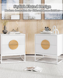 Modern Mid Century Fluted Nightstand With 2 Drawers And Pine Wood Handles For Bedroom