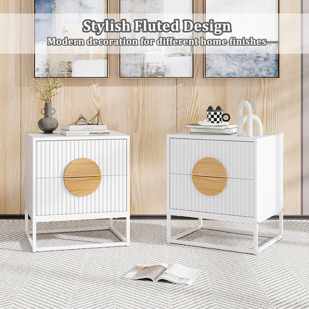 Modern Mid Century Fluted Nightstand With 2 Drawers And Pine Wood Handles For Bedroom
