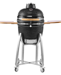 Charcoal Smoker And Grill, 18" Kamado Charcoal BBQ Smoker, Movable Ceramic Barbecue Grill With 4 Wheels (2 Lockable), Built-in Thermometer, Air Vents & Side Shelf For Outdoor Patio Yard Cooking