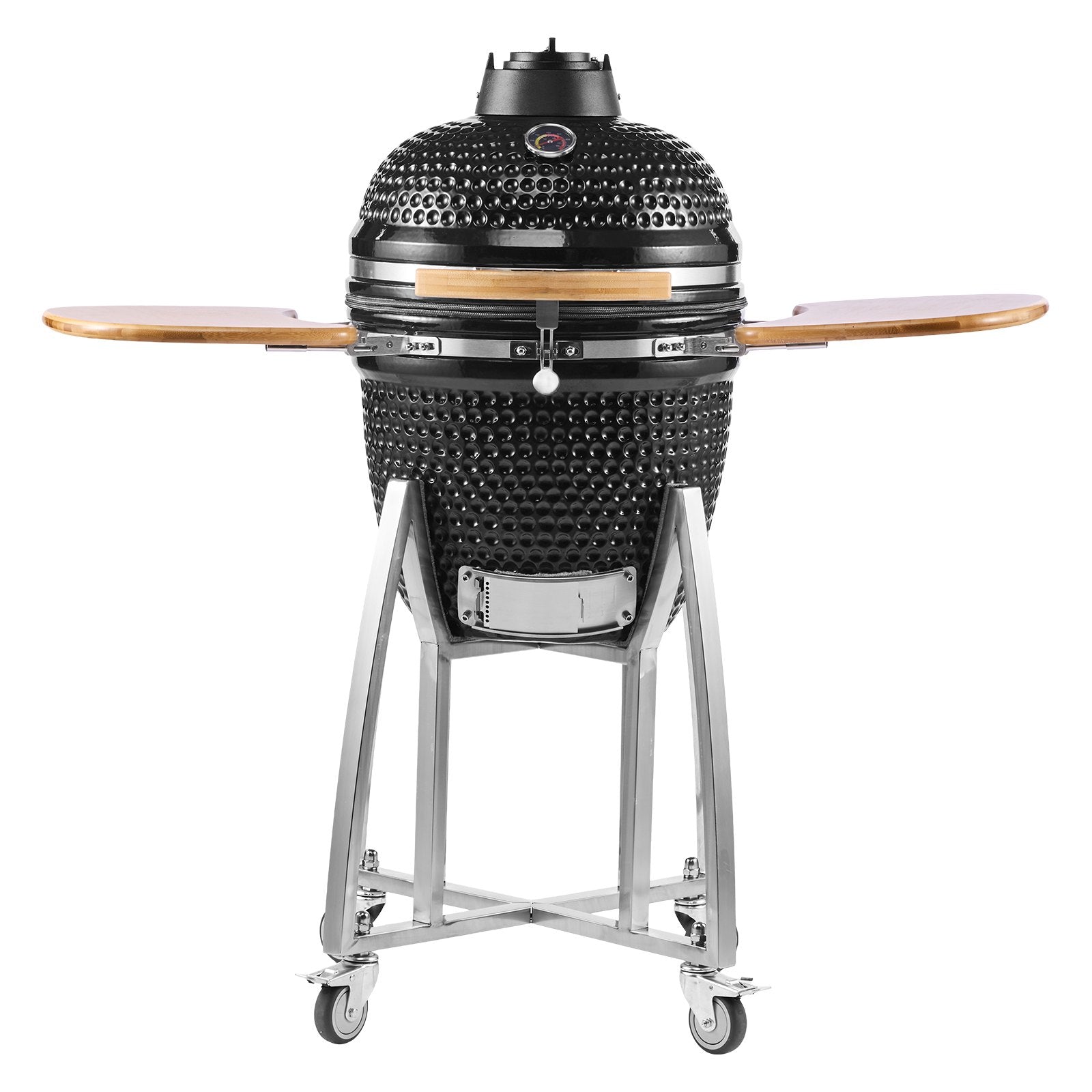 Charcoal Smoker And Grill, 18" Kamado Charcoal BBQ Smoker, Movable Ceramic Barbecue Grill With 4 Wheels (2 Lockable), Built-in Thermometer, Air Vents & Side Shelf For Outdoor Patio Yard Cooking