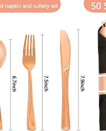 50 Pack Pre Rolled Rose Gold Plastic Silverware Set,Wrapped Plastic Cutlery Set With Napkin Include 50 Forks,50 Spoons,50 Knives And 50 Black Napkins For Party, Wedding