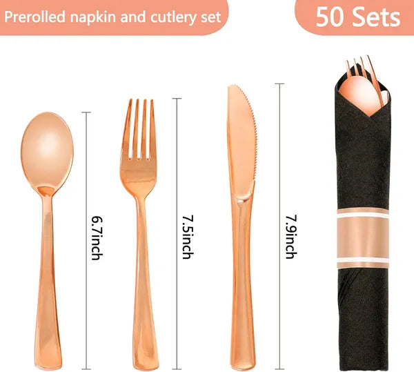 50 Pack Pre Rolled Rose Gold Plastic Silverware Set,Wrapped Plastic Cutlery Set With Napkin Include 50 Forks,50 Spoons,50 Knives And 50 Black Napkins For Party, Wedding