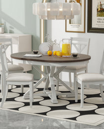 TREXM 5-Piece Retro Functional Dining Table Set Extendable Round Table And 4 Upholstered Chairs For Dining Room And Living Room  Brown Antique White