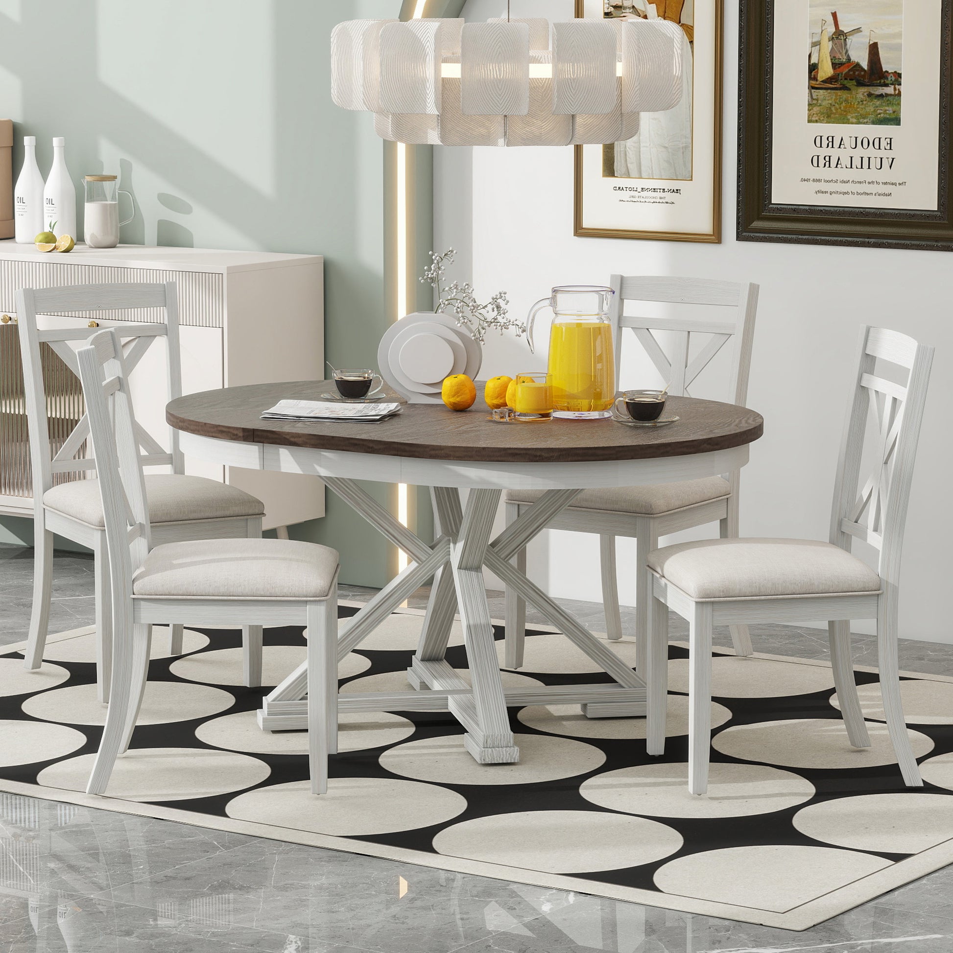 TREXM 5-Piece Retro Functional Dining Table Set Extendable Round Table And 4 Upholstered Chairs For Dining Room And Living Room  Brown Antique White