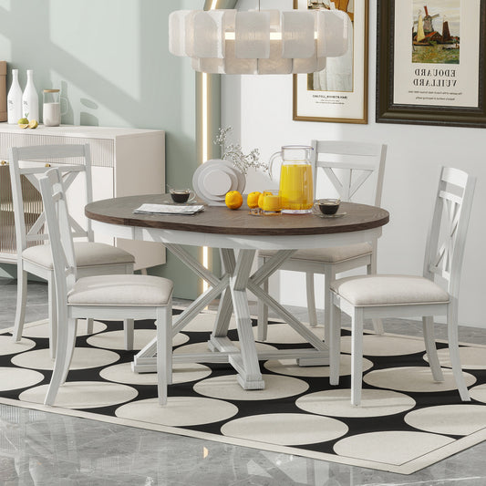 TREXM 5-Piece Retro Functional Dining Table Set Extendable Round Table And 4 Upholstered Chairs For Dining Room And Living Room  Brown Antique White