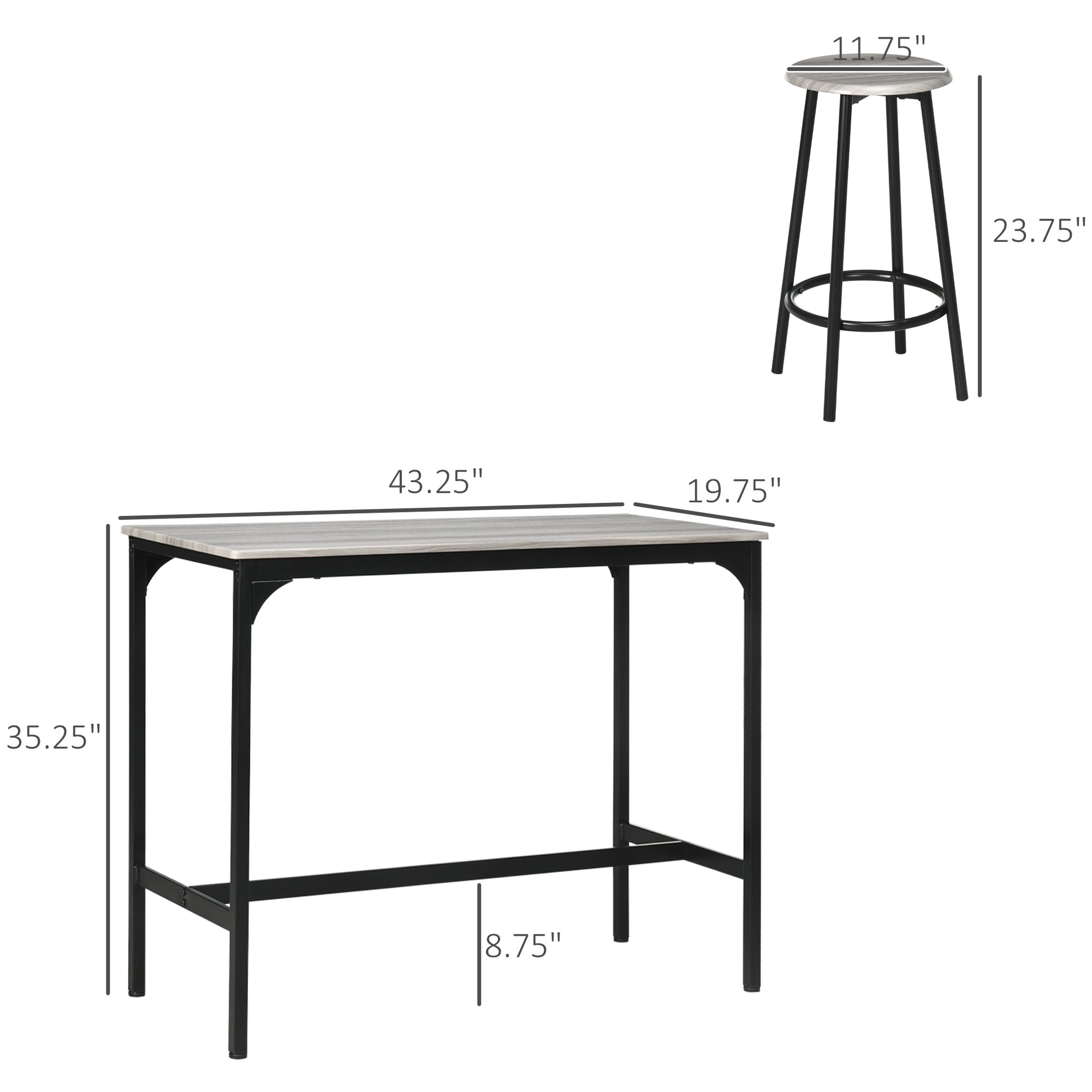 5-Piece Counter Height Bar Table Set, Rustic 43.25" Dining Table With 4 Bar Stools, Kitchen Table With Wooden Top For Pub, Dining Room, Gray