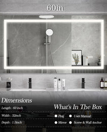 60  X 32  LED Bathroom Mirror With Anti-Fog And Touch Sensor - Modern Frameless Lighted Wall Mirror For Bathroom Vanity, Shower Room, Or Dressing Area