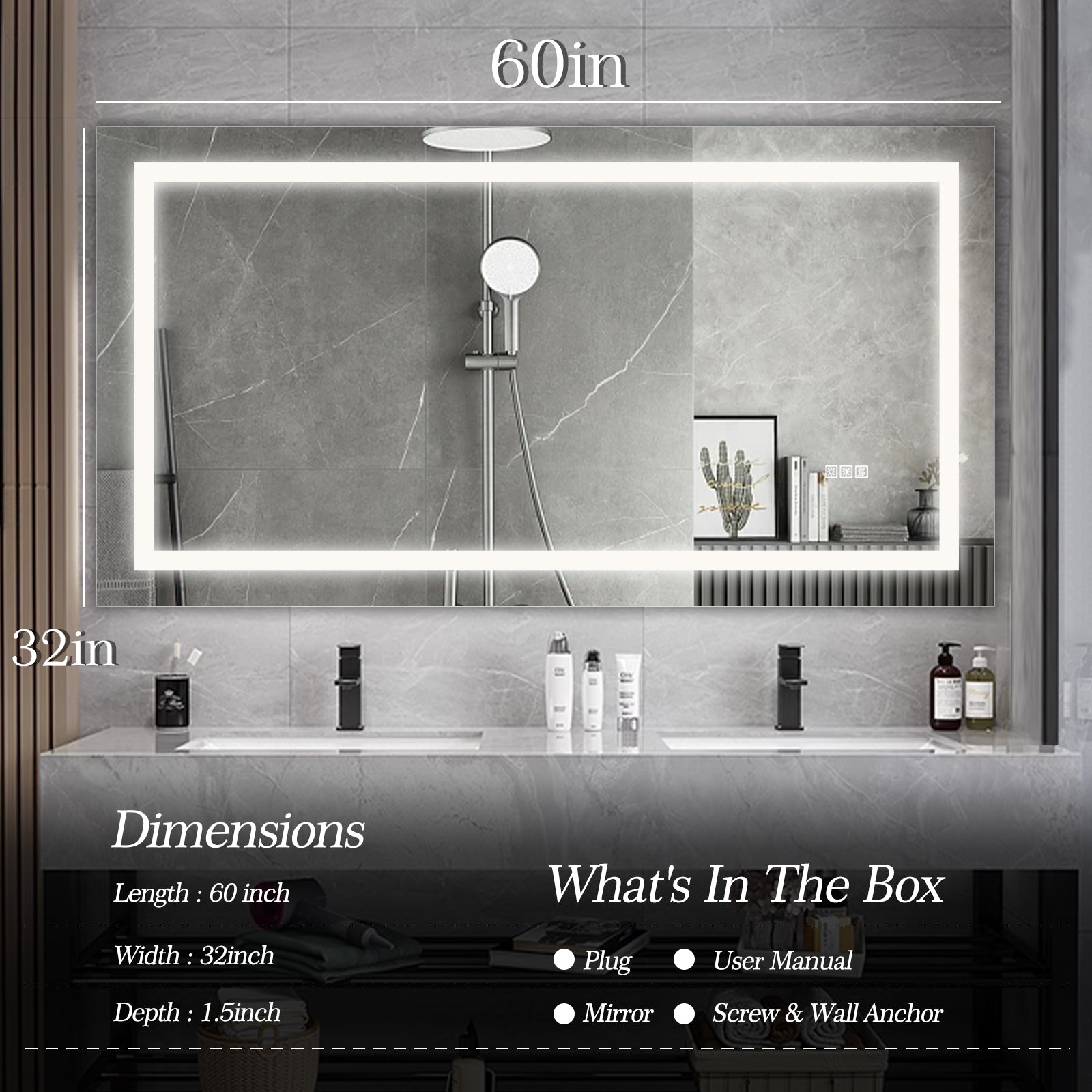 60  X 32  LED Bathroom Mirror With Anti-Fog And Touch Sensor - Modern Frameless Lighted Wall Mirror For Bathroom Vanity, Shower Room, Or Dressing Area