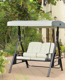 2-Person Patio Swing Bench with Adjustable Shade Canopy, Soft Cushions, Throw Pillows and Tray, Beige.