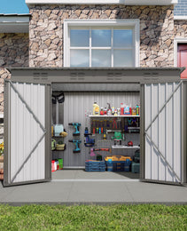 4 X 9 FT Outdoor Storage Shed, Metal Garden Shed Tool House With Sloping Roof,6 Vents And 2 Swing Doors For Backyard, Garden,Patio, Garage, Lawn, Gray