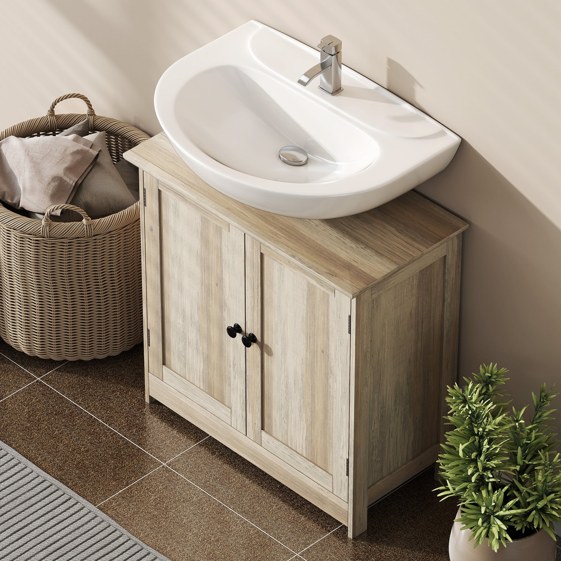 Bathroom Vanity Cabinet, Under Sink Bathroom Cabinet with 2 Doors and Adjustable Shelf, Weathered Gray Oak