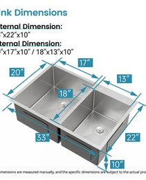 33" x 19" Double Bowl Stainless Steel Kitchen Sink – Handmade Dark Gray Overmount Workstation (10" Deep)