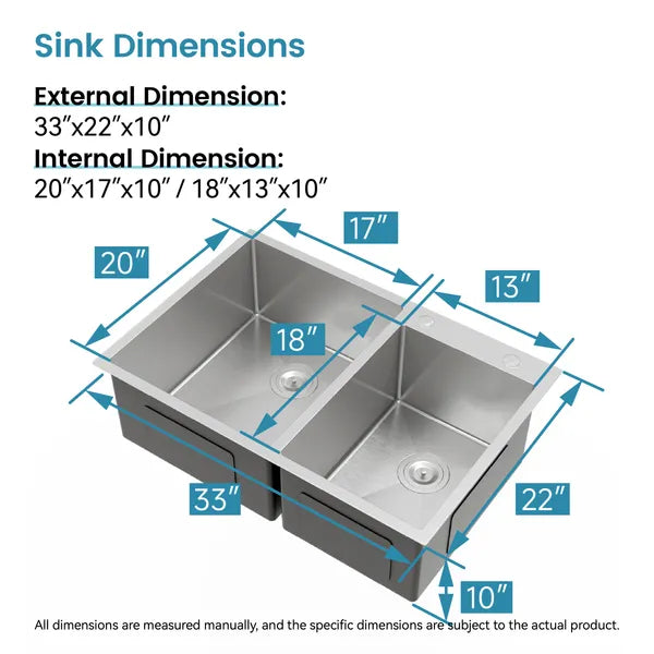 33" x 19" Double Bowl Stainless Steel Kitchen Sink – Handmade Dark Gray Overmount Workstation (10" Deep)