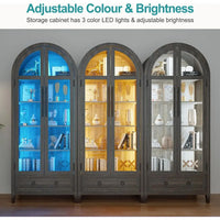 73 Arched Glass Display Cabinet with 4-Tier, Human Body Sensor, LED Lights for Collectibles, Adjustable Shelves, Brown