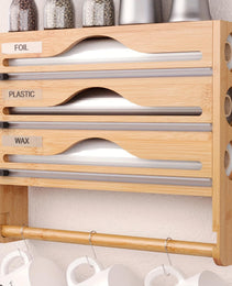 Bamboo Plastic Wrap Cutter With Paper Towel Holder Kitchen Wall-mounted Tinfoil Cutter With Three-grid Cutter And Paper Towel Storage Rack
