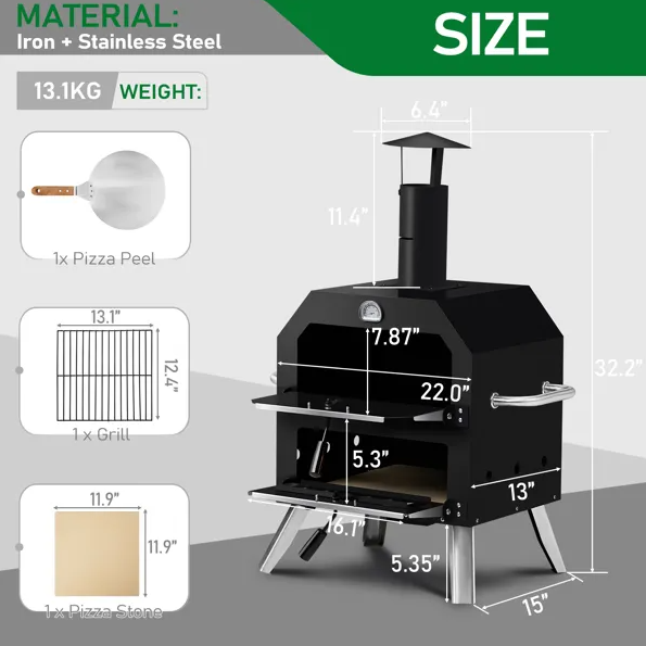 Portable 2-Layer Outdoor Pizza Oven – Wood-Fired Efficiency with Adjustable Airflow & Pizza Stone