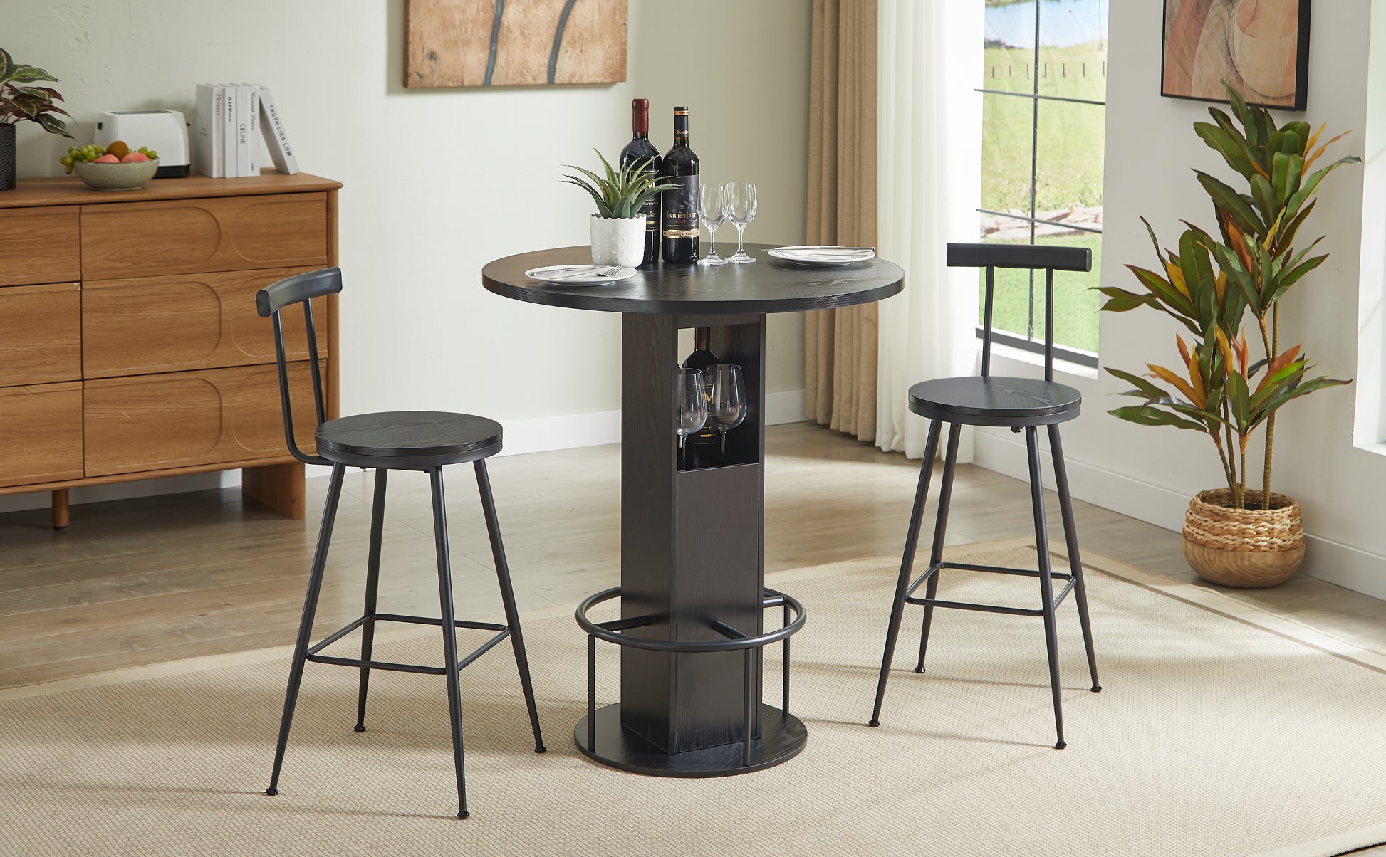 3-Piece Bar Table And Stool Set 31.5-inch Round Bar Table With Two Stools Compact Wooden Dining Bar With Metal Ring Footrest Ideal For Restaurants, Cafes, Bars, Living Rooms, And Small Spaces,Black