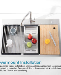 Stainless Steel Kitchen Sink, Single Bowl, Overmount Handmade Sink In Brushed, With Cutting Board, Colander