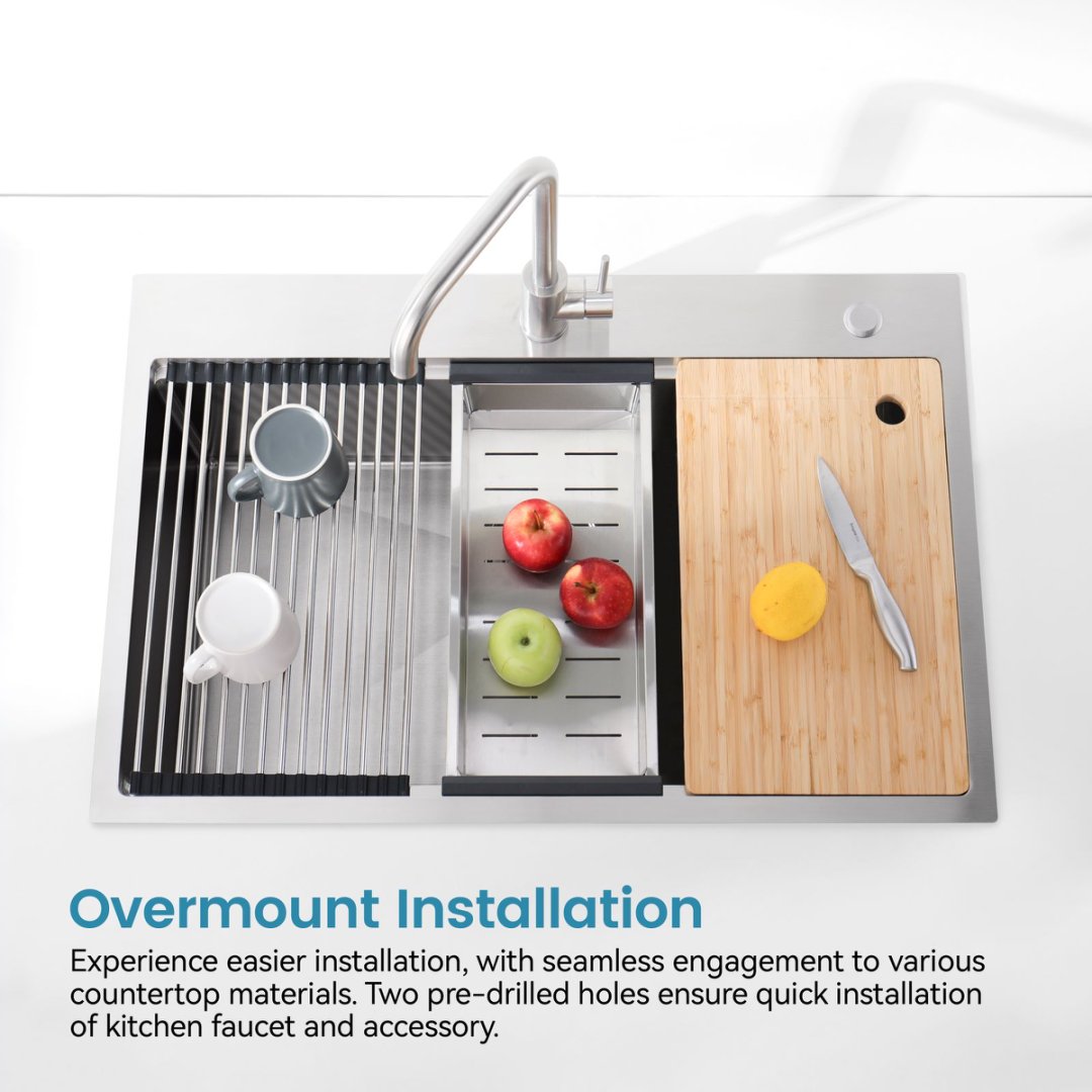 Stainless Steel Kitchen Sink, Single Bowl, Overmount Handmade Sink In Brushed, With Cutting Board, Colander
