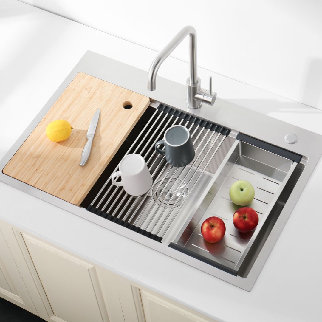 Stainless Steel Kitchen Sink, Single Bowl, Overmount Handmade Sink In Brushed, With Cutting Board, Colander