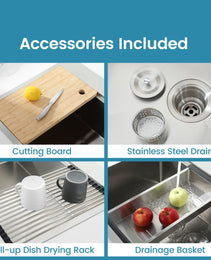 Stainless Steel Kitchen Sink, Single Bowl, Overmount Handmade Sink In Brushed, With Cutting Board, Colander