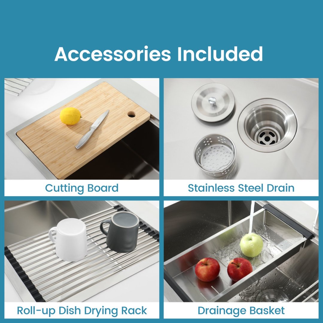 Stainless Steel Kitchen Sink, Single Bowl, Overmount Handmade Sink In Brushed, With Cutting Board, Colander