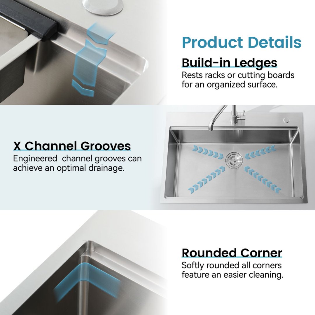 Stainless Steel Kitchen Sink, Single Bowl, Overmount Handmade Sink In Brushed, With Cutting Board, Colander
