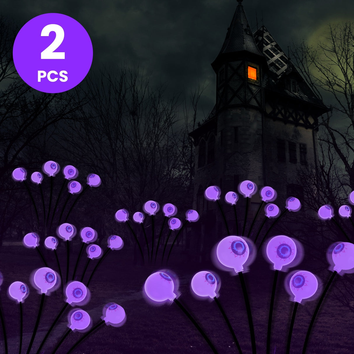 2Pcs Purple Light OR 2Pcs Green Light Solar Scary Eyeballs Lights Outdoor Halloween Decoration Swaying Light Halloween Path Lights Ornaments With Total 12LED IP65 Waterproof For Yard Garden - CJDS - FC