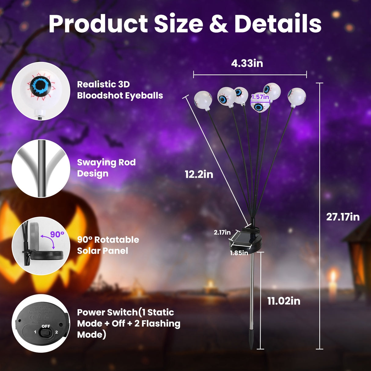 2Pcs Purple Light OR 2Pcs Green Light Solar Scary Eyeballs Lights Outdoor Halloween Decoration Swaying Light Halloween Path Lights Ornaments With Total 12LED IP65 Waterproof For Yard Garden - CJDS - FC